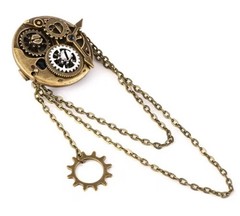 Steampunk Gear Vintage-Style Brooch with Gold Chains Unisex Bronze NEW