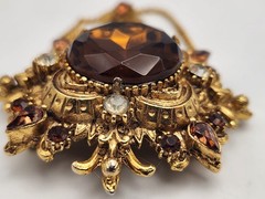 Vintage Florenza Signed Brooch Amber Topaz Rhinestone Gold Tone Chains 3.25″ Lg