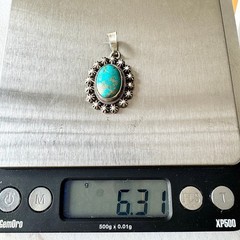 Navajo Turquoise Pendant 1.25 in Signed Skeets Oval Sterling Antiqued Stars