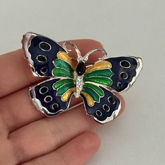 Vintage Blue Green Yellow Enamel Butterfly Silver Tone Rhinestone Brooch Pin