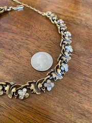 Vintage Trifari Brass Toned Leaf & Rhinestone Flower Choker Necklace AS IS
