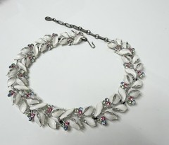 Lisner Signed Necklace Vintage White Enamel With Rhinestones