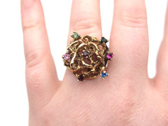 Vintage Gold Plated Sterling Signed Brutalist Rhinestone Dome Cocktail Ring Sz 6