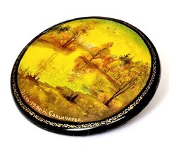 XL Papier Mâché Brooch Hand Painted Signed Autumn Н. Сальникова Russia Z836