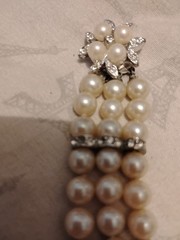 Vintage Three Strand Faux Pearl Bracelet Ornate Crystal Accented Box Clasp