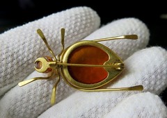 Vintage Natural Baltic Amber Beetle Brooch USSR Gold-Plated Pin 1965s