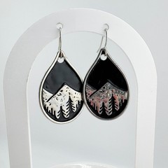 Vintage Mountain Scene Teardrop Earrings Silver Black Nature Outdoorsy Boho
