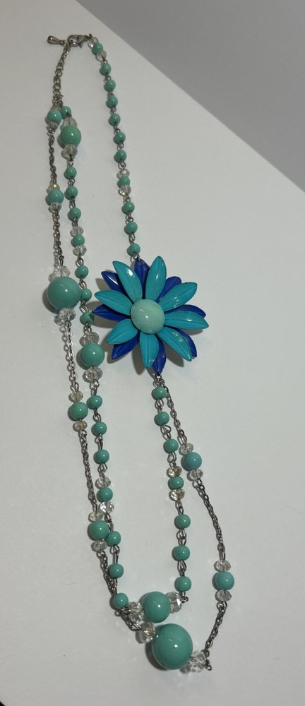 Vintage Beaded Costume Jewelry Floral Turquoise Blue Necklace 26in