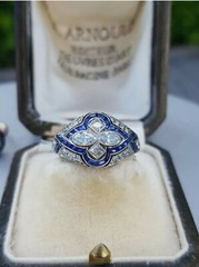 Art Deco Old Mine Cut Lab Created Diamond & Sapphire Engagement 925 Silver Ring