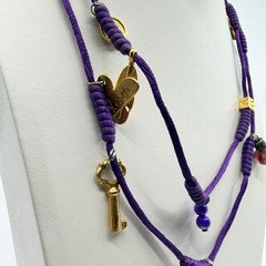 VTG Purple Silk Cord Multi Charm Layered Necklace Gold Tone Key Heart Italian