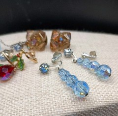 Vintage AB Crystal Earrings Lot Set Beaded Clip On Dangle Drop Rhinestone