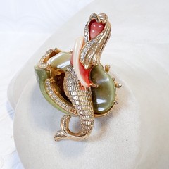 Vintage Hattie Carnegie Mermaid Brooch Green Peach Rhinestones Nymph in Shell