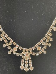 Antique Victorian Revival Silver Tone Faceted Rhinestone Bow Statement Necklace