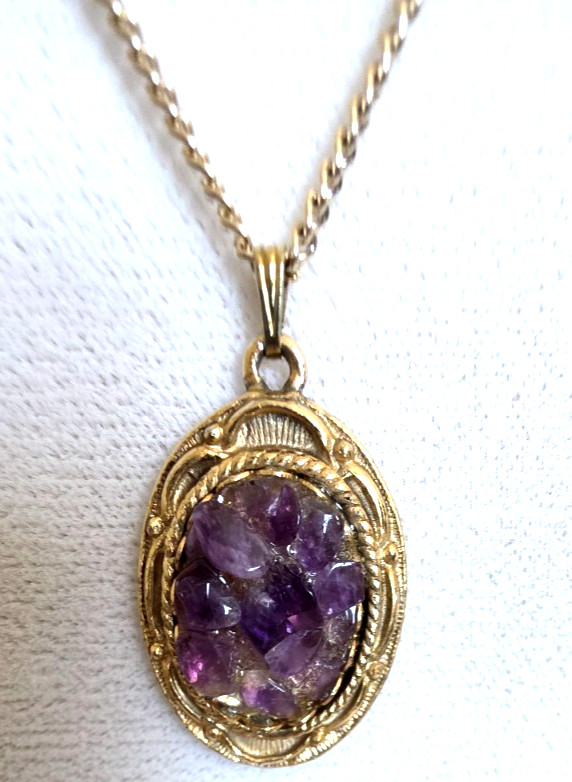 Vintage Amethyst Cluster Pendant Necklace Gold Tone Purple Stone Germany 18 in