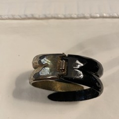 Vintage Gold/Black Bracelet Hinged Clamp Textured Minimalist Unsigned