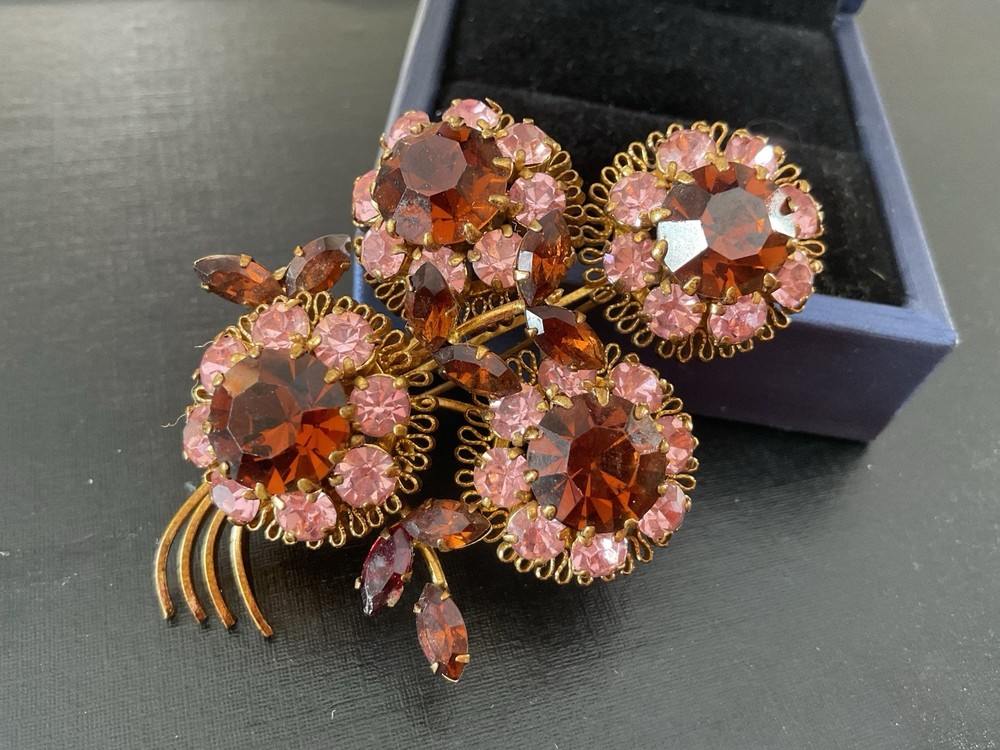 Austria Vintage Amber Pink Rhinestone Facet Brooch Wired 3D Layered Prong 3”
