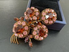 Austria Vintage Amber Pink Rhinestone Facet Brooch Wired 3D Layered Prong 3”