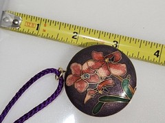 Vtg Large Iris Flowers on Purple Enamel Cloissone Pendant/Cord Necklace 26 in