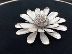 Mid-century GoldTone White Enamel Clear Pave crystals 3D Floral Design Brooch