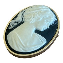 Black White Cameo Brooch Pin Gold Tone Bezel Lady Portrait Classic Style