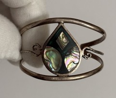 925 Sterling Silver Mother Of Pearl Enamel Cuff Bracelet Child 5.50in Mexico VTG