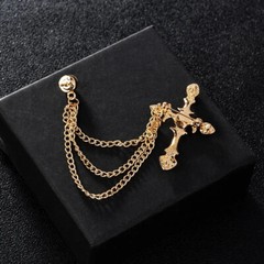 Metal Cross Brooch Crystal Rhinestone Tassel Chain Lapel Pin Fashion Men’s Gifts