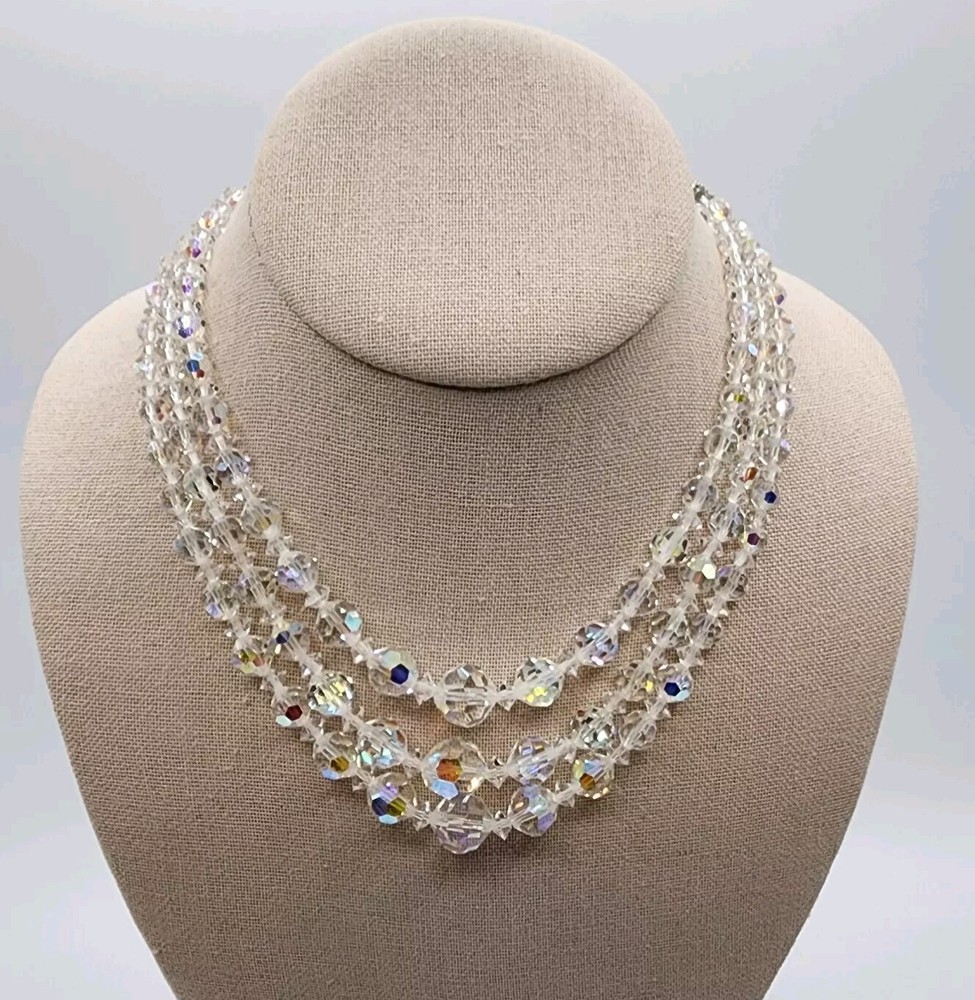 Vintage 3 Strand Aurora Borealis Choker 13.75 to 15.5 Inches