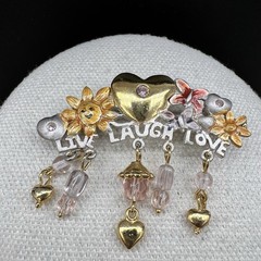 Vintage Garden Floral Heart Dangle Brooch Pink Bead Charm Statement Pin Signed