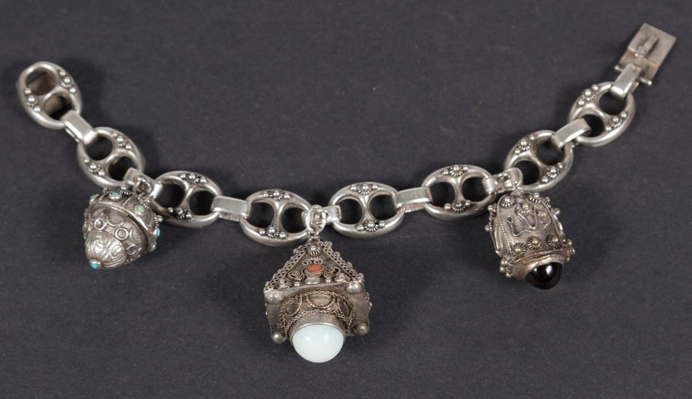 Vintage Etruscan Revival 800 Silver Fob Charm Bracelet Stones 8″ Long 800 – 52g