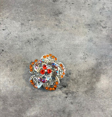 Vintage Orange and Red Rhinestone Flower Brooch Pin Silver Tone