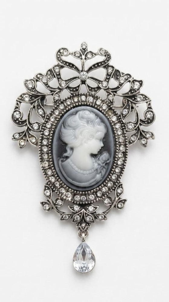 2 in 1 VTG Cameo Brooch Pin & Pendant Necklace Silver Tone Premium Faux Crystal