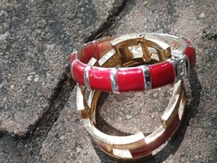 2 Vintage Hinged Bangle Bracelets with Red Enamel 1 Gold Tone 1 Silver Tone 80’s