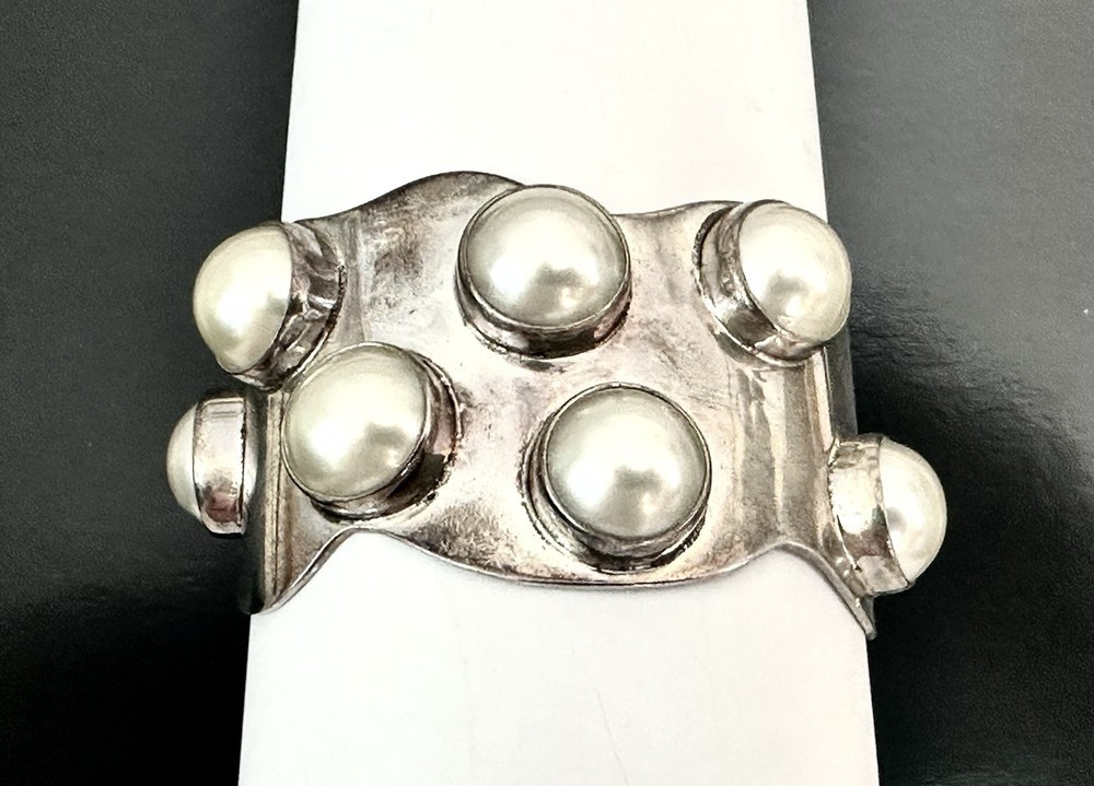 Mexico Southwest Sterling Silver Bracelet Pearl 925 Vintage Signed Modernist 77g