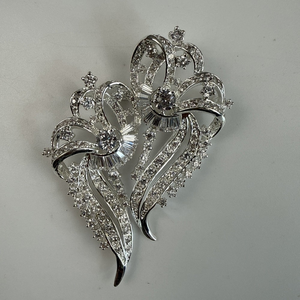 Nolan Miller Rhodium PLATED Crystal Rhinestone Floral Geometric Brooch 3.25”