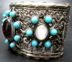 Antique Silver Plate Blue & Purple Glass Cabochon Floral Filigree Bracelet