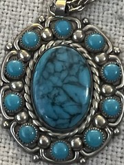 VTG NICKEL SILVER BELL BRAND FAUX TURQUOISE NECKLACE AND PENDANT 28”