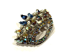 B. DAVID AB RHINESTONES FAUX PEARL BLUE IRIDESCENT CROWN TIARA BROOCH PIN EUC