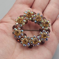 Vtg Austrain Crystal Brooch Pin Open Circle Aurora Borealis Yellow Cognac