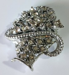 Vintage Bright Silver-tone Flower Basket Brooch w/ Sparkling White Rhinestones