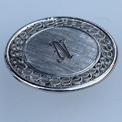 Letter N Initial Circle Brooch Pin Signed A & Z Ornate Brushed Sterling Silver