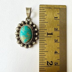 Navajo Turquoise Pendant 1.25 in Signed Skeets Oval Sterling Antiqued Stars