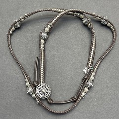 Lucky Brand Woven Brown Silver Tone Bead Necklace Rhinestones 22” Adjusts