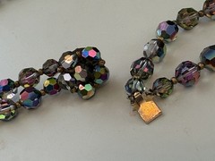 VTG 1950 Aurora Borealis Watermelon Faceted Glass Fancy Clasp 2 Strand Necklace