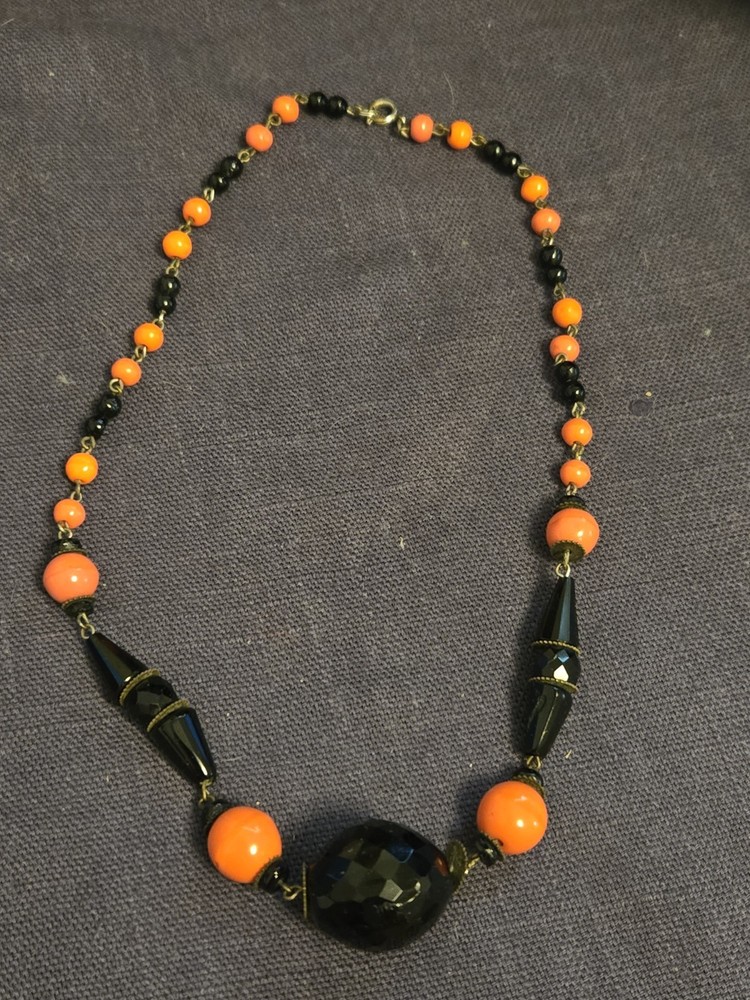 vintage art deco necklace black and orange glass beads