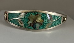 2 Vtg Silver Tone Mexican Alpaca Inlaid Abalone & Turquoise Cuff Bracelets Read