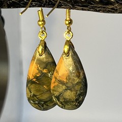 Brachiated Agate Green/Orange Earrings Gold-Plated French Wire Natural Gemstone