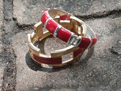 2 Vintage Hinged Bangle Bracelets with Red Enamel 1 Gold Tone 1 Silver Tone 80’s