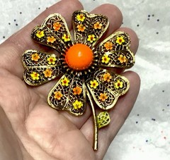 Vtg Signed *ART Arthur Pepper Orange-Yellow Enamel Flower Brooch W/Clip Ons Set