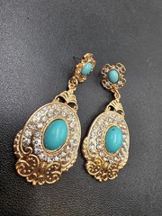 Vintage Gold Tone Turquoise Statement Drop Earrings with Rhinestone Accents