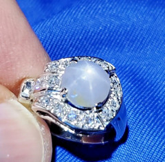 EARTH MINED STAR SAPPHIRE DIAMOND ART Deco Engagement Ring SOLID 14K WHITE GOLD